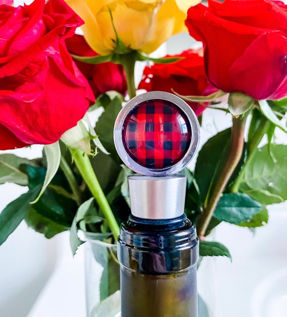 Red and Black Buffalo Plaid Wine Bottle Stopper, Gift for Wine Enthusiast, Buffalo Check Wine Bottle Stopper, Holiday Winter Barware