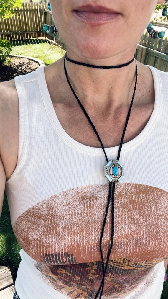 Turquoise Bolo Tie Necklace, Wrap Around Concho Necklace, NFR Rodeo Jewelry, Western Wedding Jewelry