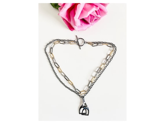 Stirrup Iron Equestrian Necklace, Two Strand Mixed Metal Paper Clip Chain Necklace with English Stirrup Pendant