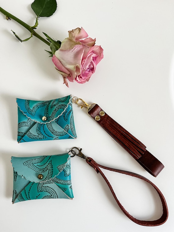 Turquoise Western Leather Card Holder, Boot Stitch Mini Wallet with Wristlet Strap