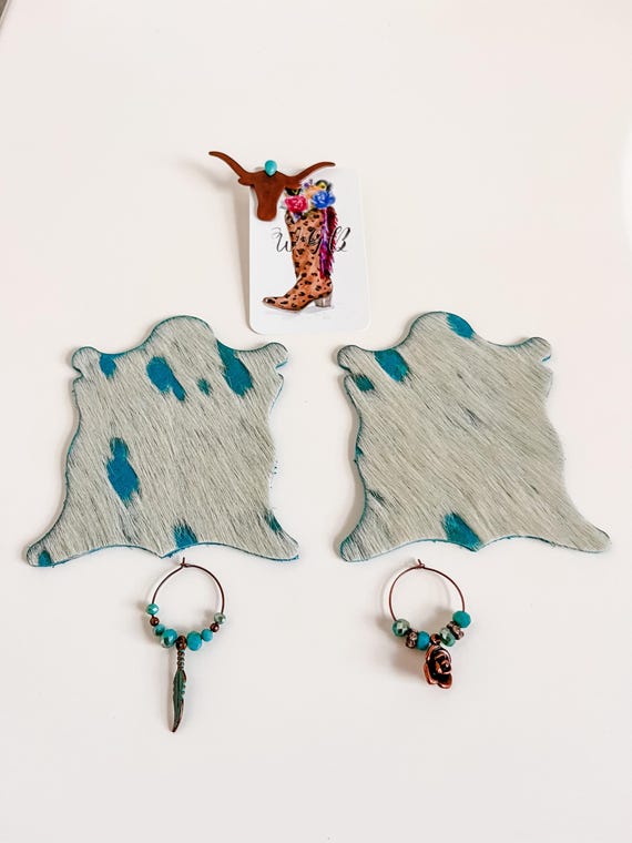 Turquoise Cowhide Coaster and Wine Glass Charm Set, Mug Rug Coasters, Western Wine Glass Charms, Steer Skull Hat Pin, Gift for Cowgirl