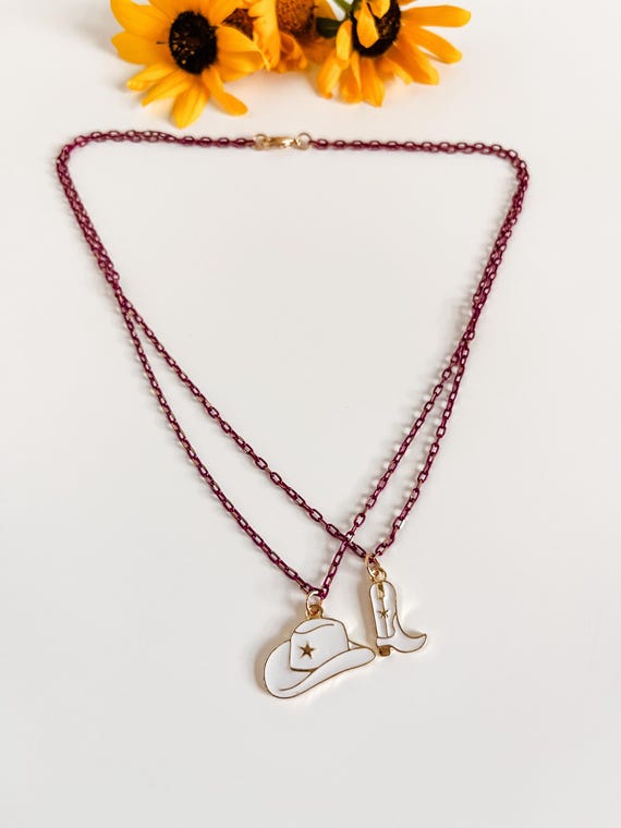 Cowgirl Boot Hat Necklace, Purple Gold Chain, Western Rodeo Jewelry