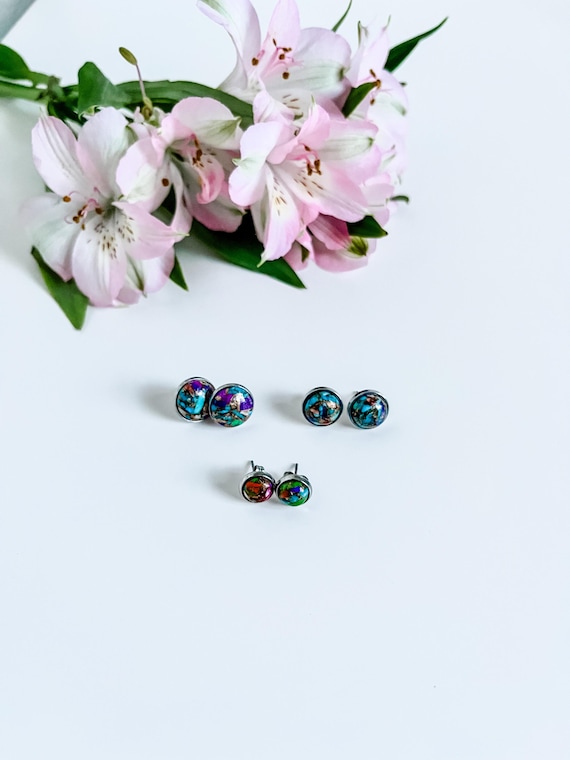 Natural Multicolored Turquoise Stud Earrings, Western Coastal Cowgirl Earrings, 8mm 10mm 12mm