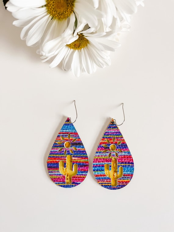 Western Serape Leather Earrings with Cactus and Sun Design