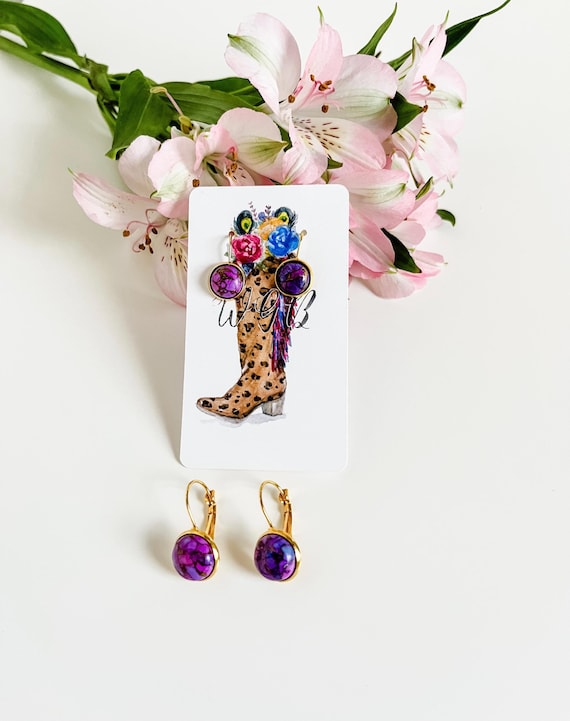 Purple Copper Turquoise Dangle Earrings, Purple Gemstone Earrings, Small Western Earrings