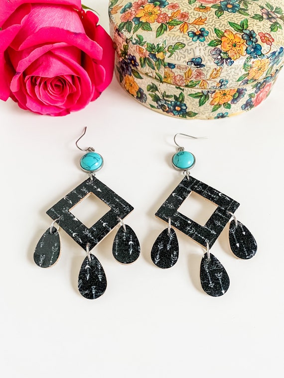 Western Leather Oval Earrings Black with Turquoise Feather 216L – The  Jewelry Junkie