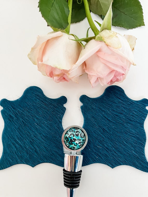 Teal Cowhide Coaster Set, Teal Cheetah Wine Bottle Stopper, Mug Rug Coasters, Boss Babe Gift for Woman Who Has Everything