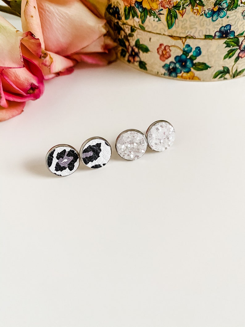 Black Gray White Leopard Print Leather Stud Earring Set White Glitter silver post earrings