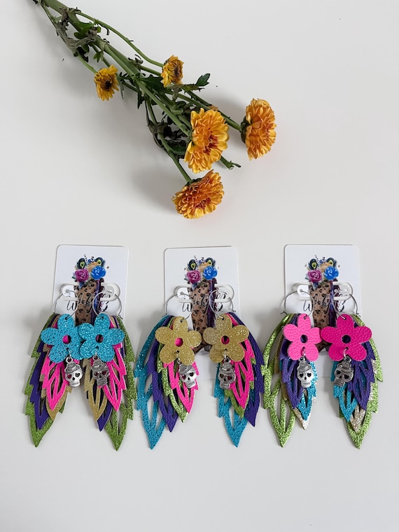 Vibrant Leather Feather Sugar Skull Earrings, Day of the Dead día Los Muertos Jewelry