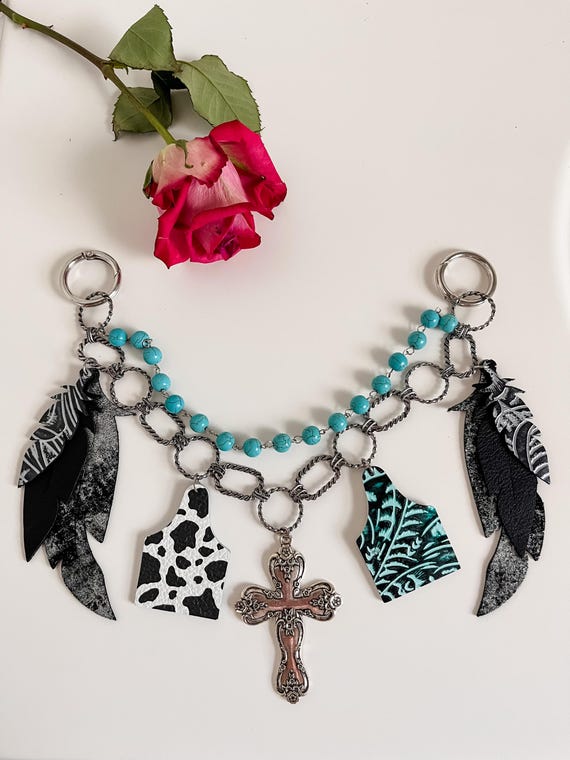 Bag Swag Purse Chain with Western Bag Charms, Black Leather Feather Flair, Turquoise Western Purse Accessories, Cow Print Turquoise