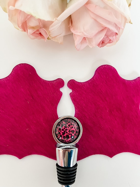 Pink Cowhide Coaster Set, Pink Cheetah Wine Bottle Stopper, Mug Rug Coasters, Boss Babe Gift for Woman Who Has Everything