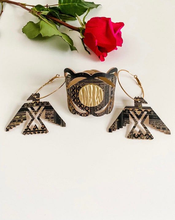 Aztec Thunderbird Jewelry Set, Gold Concho Cuff and Statement Hoop Earrings, NFR Rodeo Jewelry