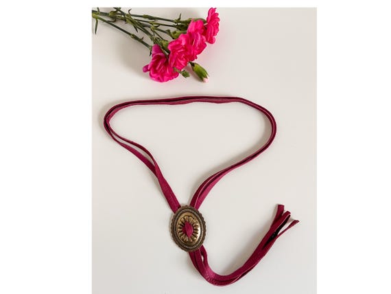 Modern Bolo Tie Necklace, Burgundy Deerskin Leather Bolo Concho Necklace, Western Fringe Necklace, Punchy Jewelry, choose concho color