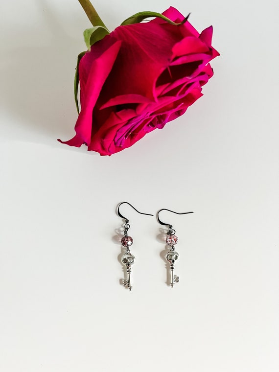 Halloween Skeleton Key Earrings with Blood Red and Black Bead Drops, Sugar Skull Earrings, Spooky Season Jewelry