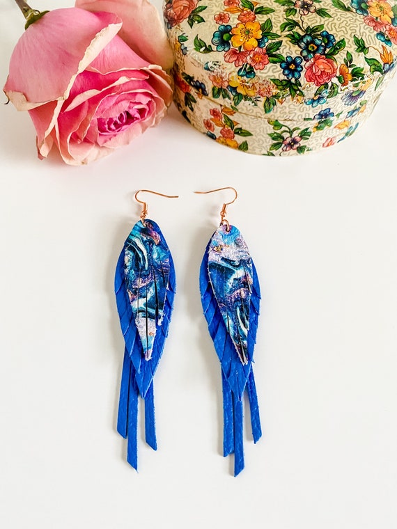 Boho Leather Feather Fringe Earrings, True Blue Leather, Marble Swirl Pattern in Blue Pink White, Coastal Cowgirl Earrings