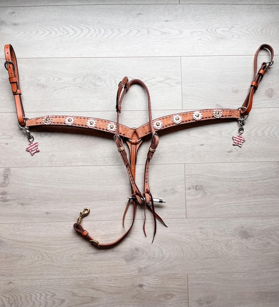 Western Horse Tack Set, Natural Roughout Breast Collar and Headstall with Brown Buckstitching and Star Conchos, Red White Blue Tack Set