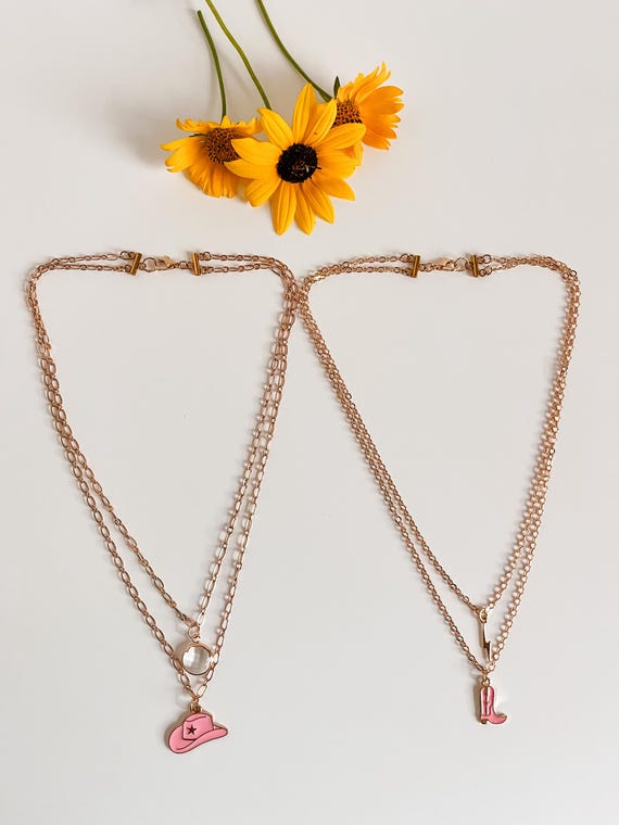 Pink Cowgirl Boot Hat Necklace, Two Strand Gold Chain Western Jewelry
