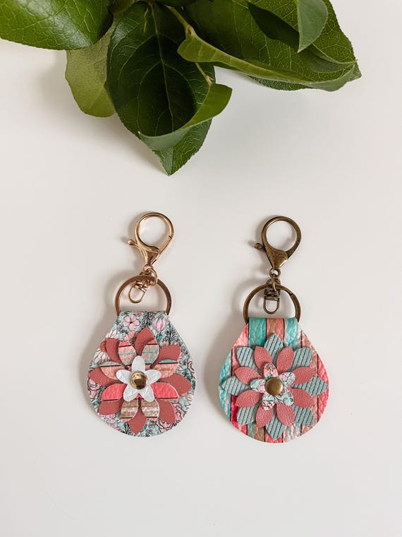 Flower Bag Flair Charms in Rustic Shabby Chic Leather, Purse Charm, Cottagecore Handbag Accessories, Mint Teal Peach Neutrals