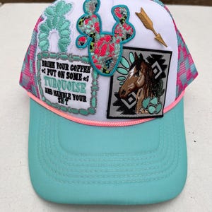 Mint and Pink Checkered Trucker Hat with Western Patches, Coastal Cowgirl Trucker Hat, Horse Girl Accessories, Unique Trucker Hat for Women