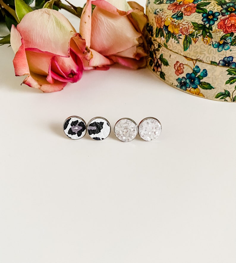 Black Gray White Leopard Print Leather Stud Earring Set White Glitter silver post earrings