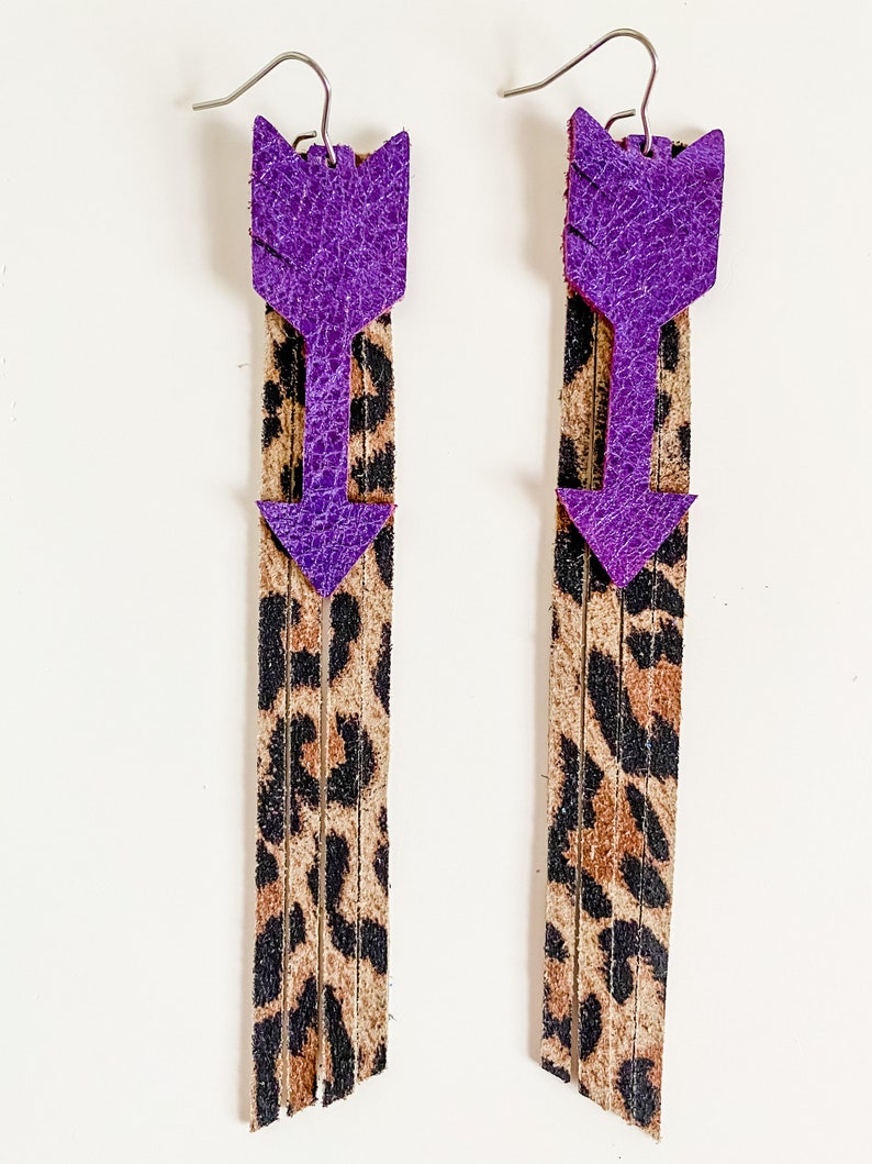 Long Leopard Fringe and Metallic Purple Arrow Boho Leather Earrings