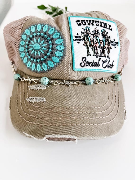 Cowgirl Social Club Messy Bun Cap with Patches, Tan and Mint Coastal Cowgirl Hat, Horse Girl Accessories
