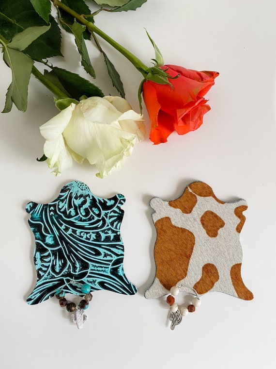 Cowhide Coaster and Wine Glass Charm Set, Turquoise Western Cow Print Coasters, Gift for Cowgirl, Punchy Accessories Rodeo Decor