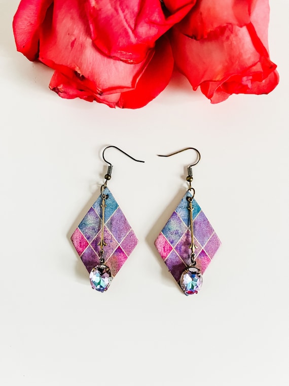 Harlequin Earrings in Marrakech or Argyle Print Cork, Boho Vintage Inspired Fleur de Lis Crystal Dangle Earrings