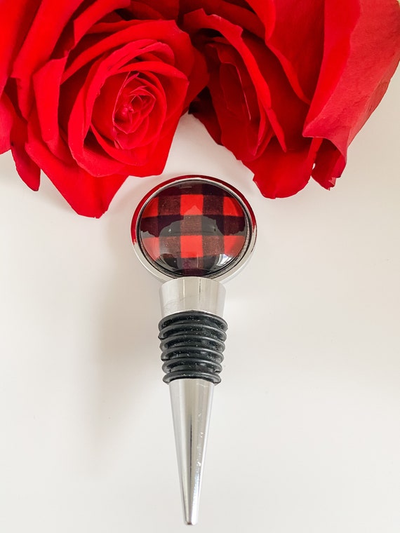 Wine Bottle Stopper in Red Black Buffalo Plaid, Rustic Mountain Lodge Barware, Wine Enthusiast Gift for Him