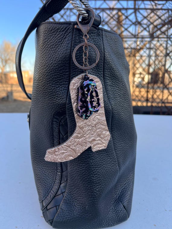 Western Bag Flair, Cowgirl Boot Keychain, Saddle Charm, Rose Gold and Black Leather Purse Charm with Feathers