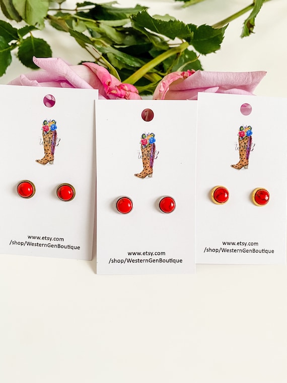 Red Howlite Stud Earrings, 8mm Natural Gemstone Post Earrings, Boho Small Red Earrings