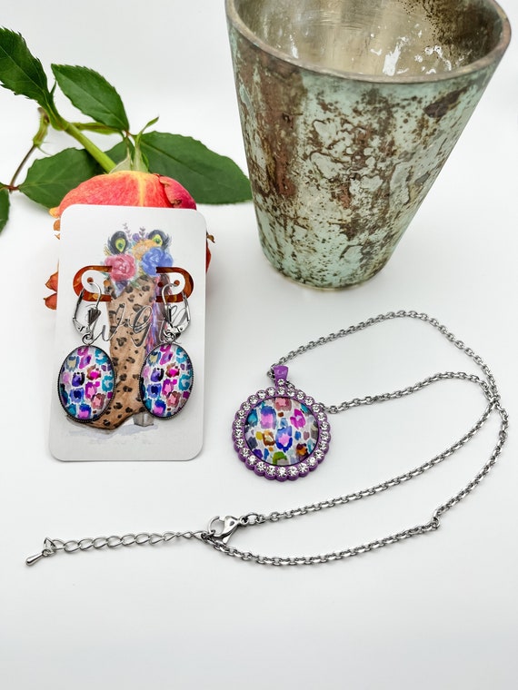 Purple Rainbow Leopard Jewelry Set, Small Dangle Earrings,  Purple Rhinestone Pendant Necklace, Quirky Jewelry
