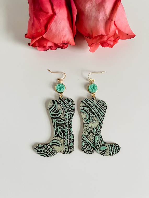 Western Cowgirl Boot Earrings in Mint Paisley Leather, Rodeo Concert Earrings