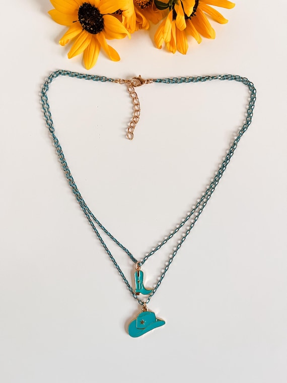 Turquoise Cowgirl Boot Hat Necklace, Two Strand Gold Chain Rodeo Jewelry