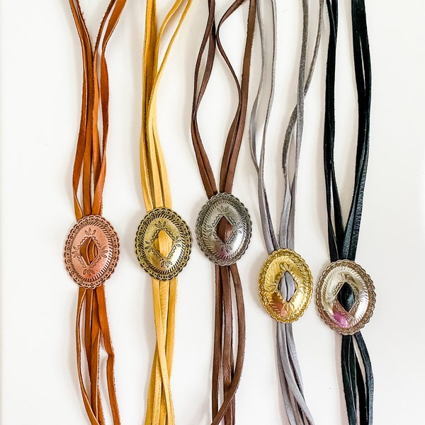 Modern Bolo Concho Necklace, Deerskin Leather Bolo Necklace, Western Statement Necklace, Punchy Jewelry, choose leather and concho color