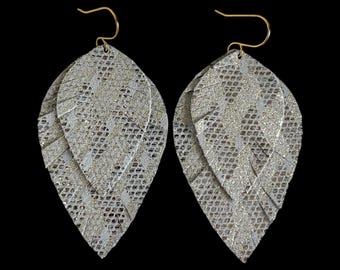 Big Leather Feather Earrings, Metallic Gold on  Cream Leather, Festival Fashion Jewelry, Western Earrings, Boho Chic Wedding Earrings