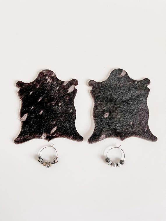 Cowhide Coaster and Wine Glass Charm Set, Black Silver Acid Wash Hair on Hide Coasters, Gift for Cowgirl, Western Glam Barware Decor