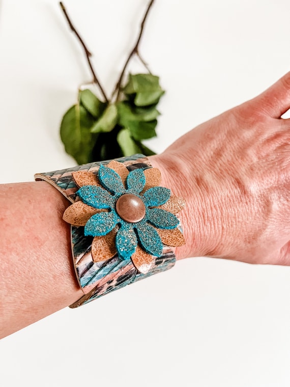 Western Feather Cuff Bracelet in Teal and Abstract Leopard Print with Leather Flower, Punchy Cowgirl Jewelry