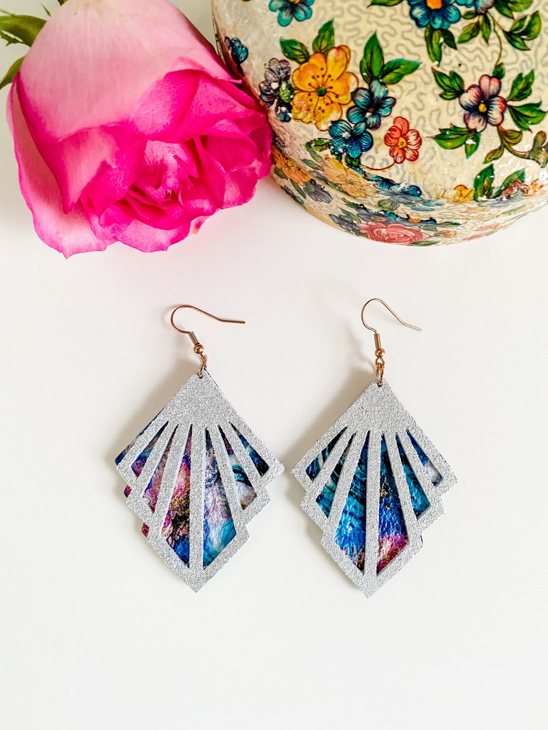 Art Deco Inspired Earrings, Leather Geometric Earrings, White Dazzle