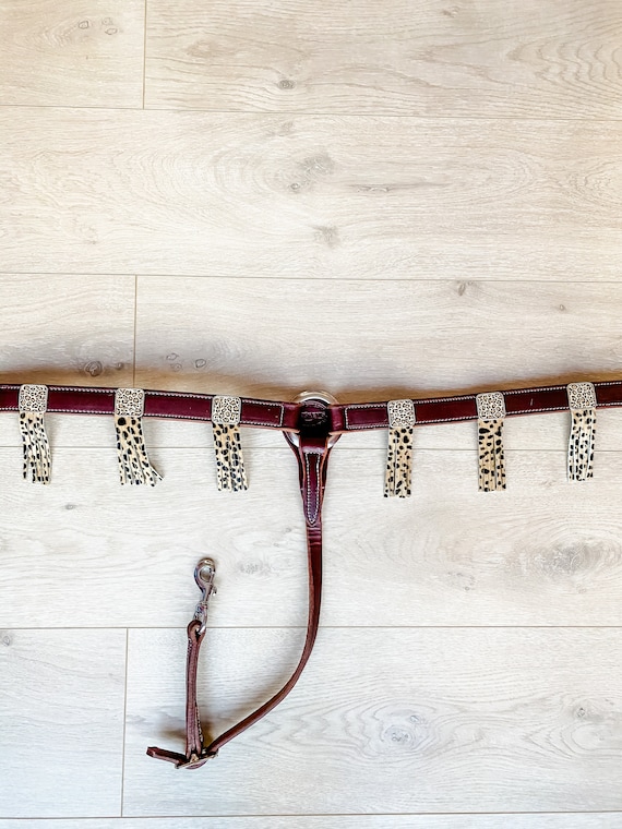 Western Dark Oil Leather Breast Collar with Cheetah Fringe and Bling Cheetah Conchos, Leopard Horse Tack