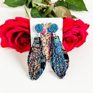 Handmade Vegan Leather Earrings Paisley Black Grey Layered Fringe  