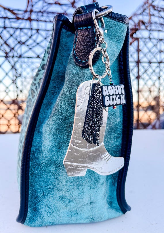 Western Bag Flair, Howdy Bitch Cowgirl Boot Keychain with Fringe, Saddle Charm, Western Purse Charm