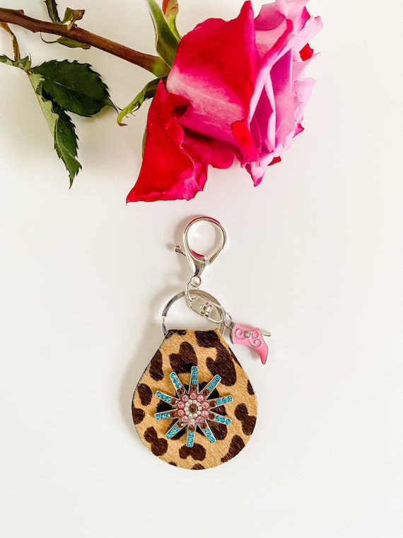 Cheetah Print Cowhide Concho Keychain with Pink Cowgirl Boot, Western Purse Charm, Bag Flair