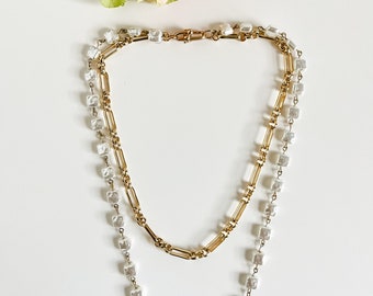 Pearl Y Necklaces, Layered Pearl Necklace, Boho Wedding Necklace, Vintage Inspired Necklaces, Square Pearls with Gold Necklace