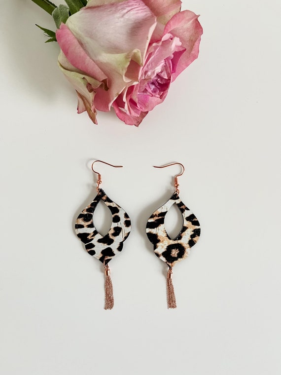 Cheetah Print Cork Earrings with Rose Gold Chain Tassel Dangles, Leopard Print Earrings, Arabesque Dangle Earrings