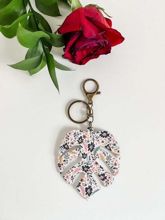 Monstera Leaf Purse Charm, Floral Bag Flair in Mustard Yellow Gray Light Pink Black, Monstera Keychain