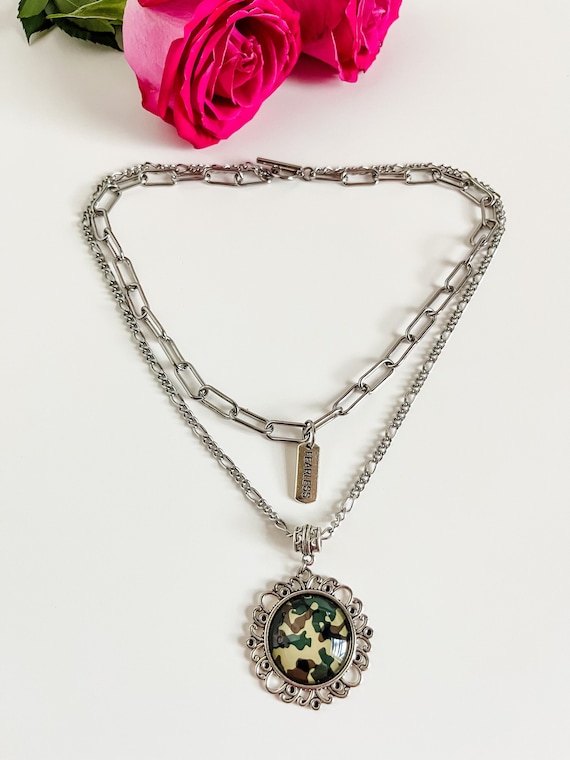 Silver Two Strand Necklace with Camouflage Pendant and Fearless Bar Charm, Figaro and Chunky Paper Clip Chain Necklace