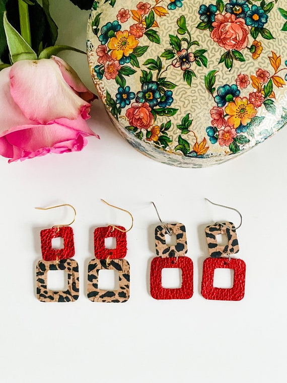 Red and Cheetah Earrings, Metallic Red Leather, Cheetah Print Cork, Small Geometric Rounded Square Earrings