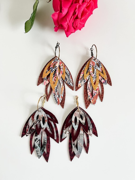 Boho Big Leaf Leather Earrings Burgundy, Rust, Mustard Yellow, Maroon, Fall Earrings