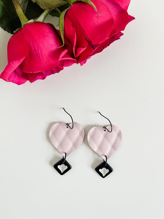 Pink Heart Earrings with Vintage Dangles, Coquette Girl Jewelry